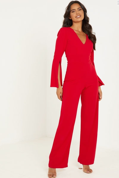 Red V Neck Palazzo Jumpsuit